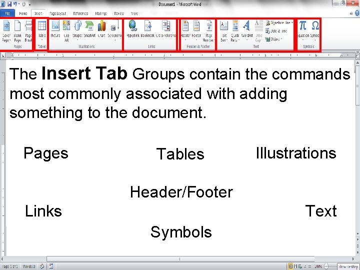 The Insert Tab Groups contain the commands most commonly associated with adding something to