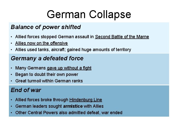 German Collapse Balance of power shifted • Allied forces stopped German assault in Second