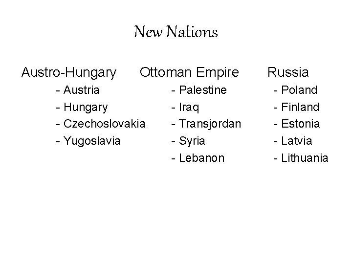 New Nations Austro-Hungary Ottoman Empire - Austria - Hungary - Czechoslovakia - Yugoslavia -