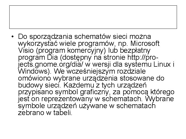  • Do sporządzania schematów sieci można wykorzystać wiele programów, np. Microsoft Visio (program