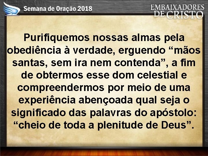 Purifiquemos nossas almas pela obediência à verdade, erguendo “mãos santas, sem ira nem contenda”,