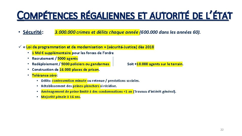 COMPÉTENCES RÉGALIENNES ET AUTORITÉ DE L’ÉTAT • Sécurité: 3. 000 crimes et délits chaque COMPÉTENCES RÉGALIENNES ET AUTORITÉ DE L’ÉTAT • Sécurité: 3. 000 crimes et délits chaque