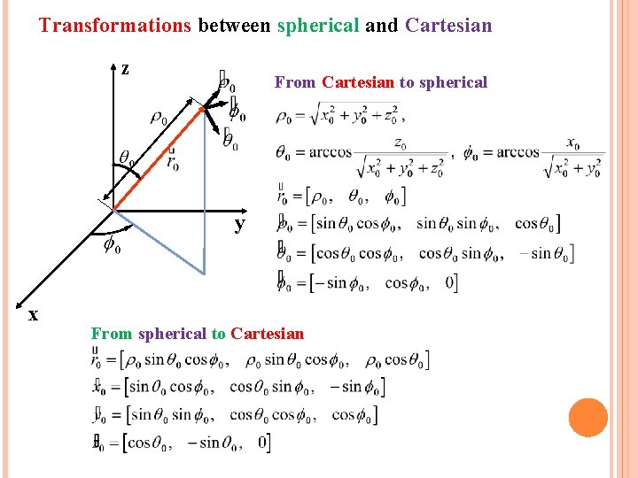 Transformations between spherical and Cartesian z From Cartesian to spherical y x From spherical