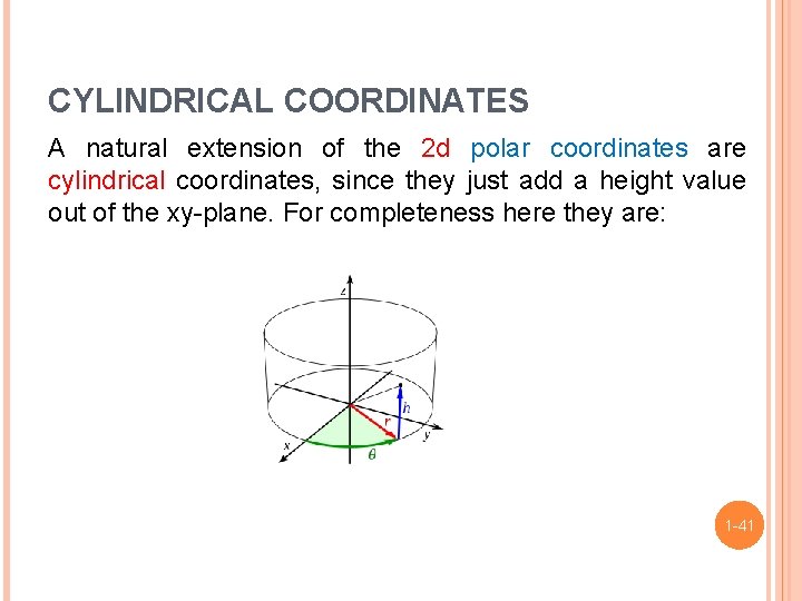 CYLINDRICAL COORDINATES A natural extension of the 2 d polar coordinates are cylindrical coordinates,