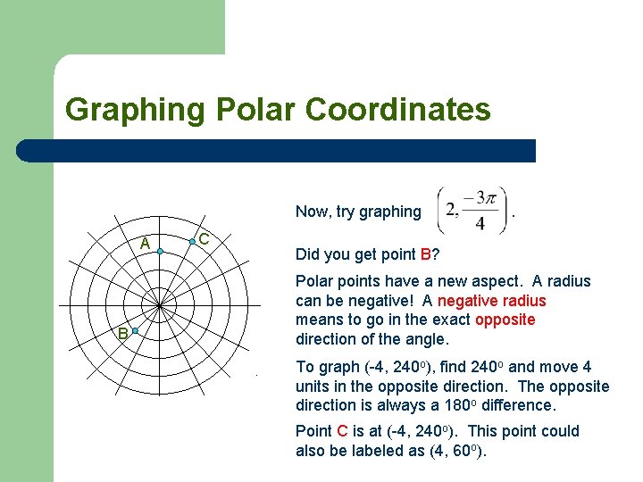 Graphing Polar Coordinates Now, try graphing A B C . Did you get point