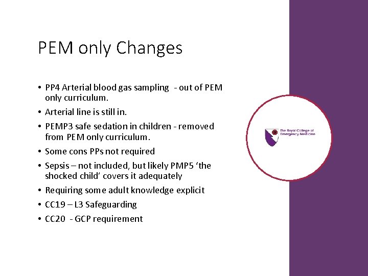 PEM only Changes • PP 4 Arterial blood gas sampling - out of PEM PEM only Changes • PP 4 Arterial blood gas sampling - out of PEM