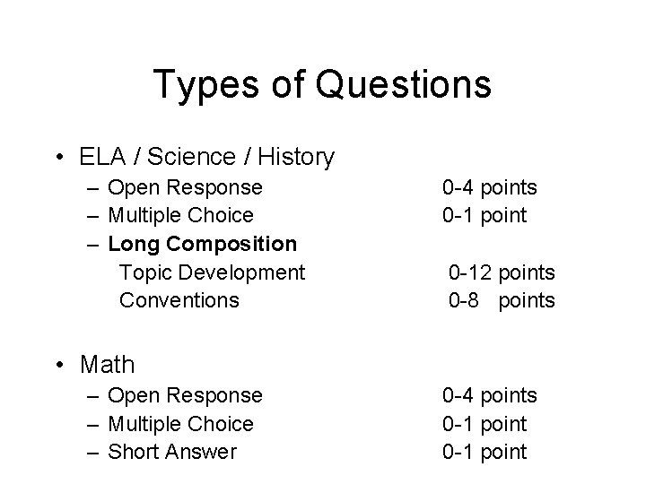 Types of Questions • ELA / Science / History – Open Response – Multiple