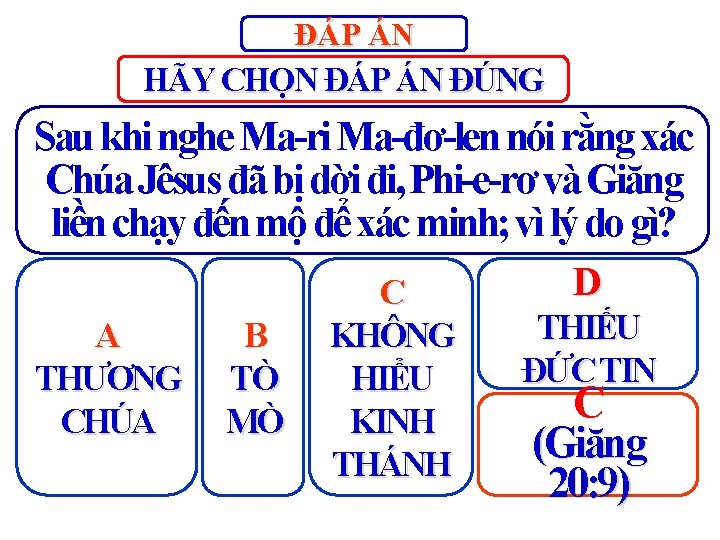 ĐÁP ÁN HÃY CHỌN ĐÁP ÁN ĐÚNG Sau khi nghe Ma-ri Ma-đơ-len nói rằng