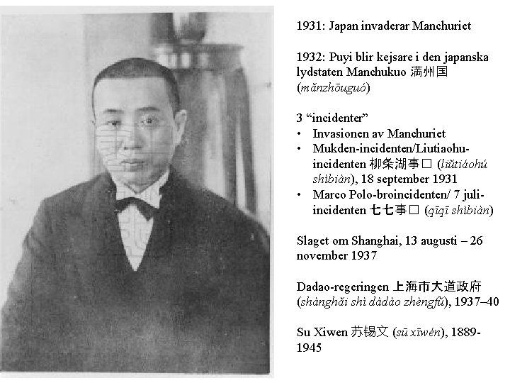 1931: Japan invaderar Manchuriet 1932: Puyi blir kejsare i den japanska lydstaten Manchukuo 満州国