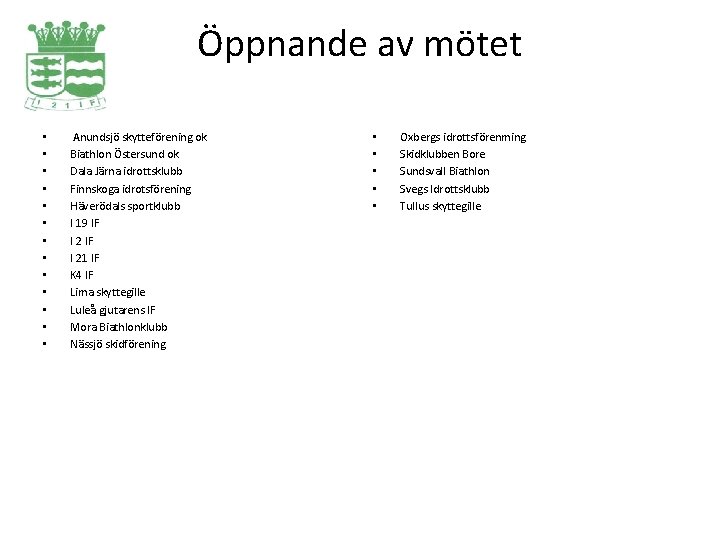 Öppnande av mötet • • • • Anundsjö skytteförening ok Biathlon Östersund ok Dala