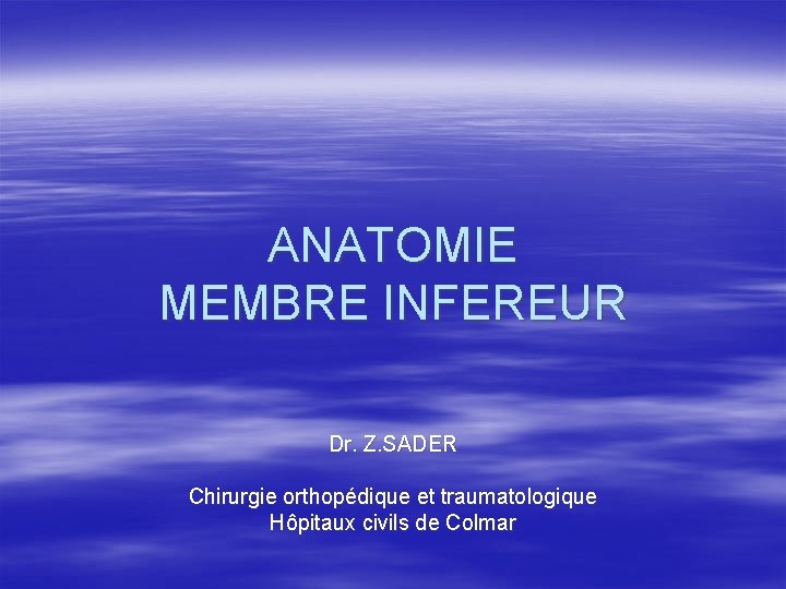 ANATOMIE MEMBRE INFEREUR Dr. Z. SADER Chirurgie orthopédique et traumatologique Hôpitaux civils de Colmar