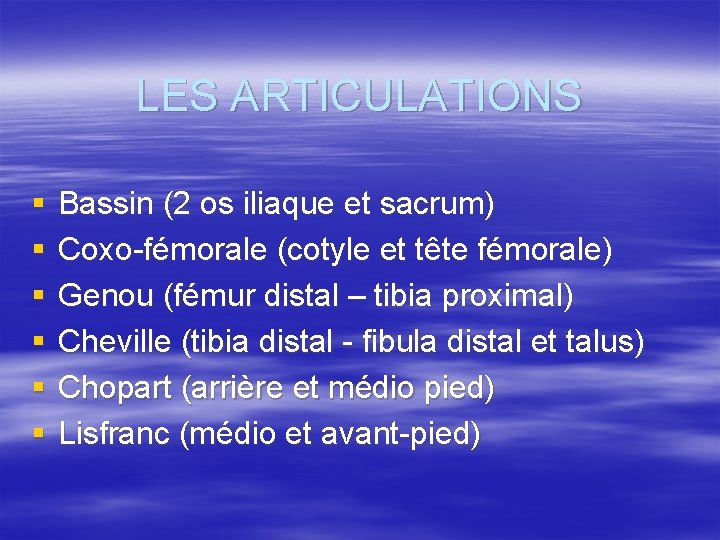 LES ARTICULATIONS § § § Bassin (2 os iliaque et sacrum) Coxo-fémorale (cotyle et