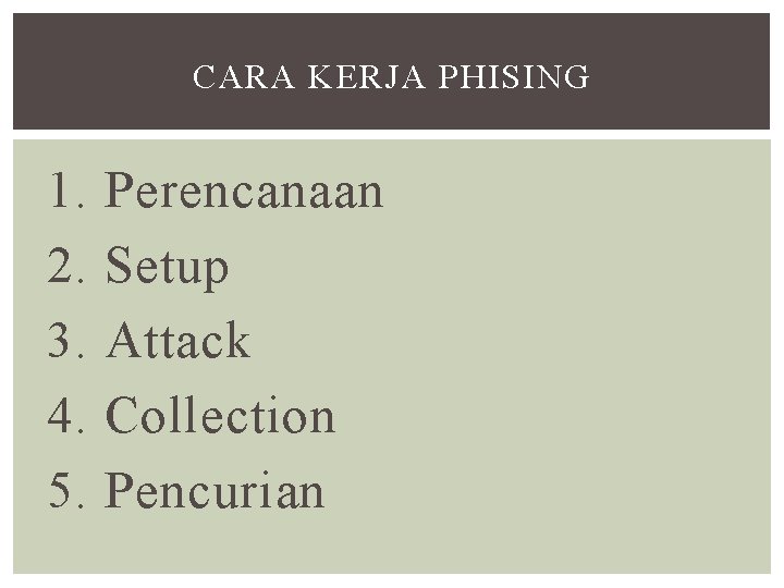 CARA KERJA PHISING 1. 2. 3. 4. 5. Perencanaan Setup Attack Collection Pencurian 