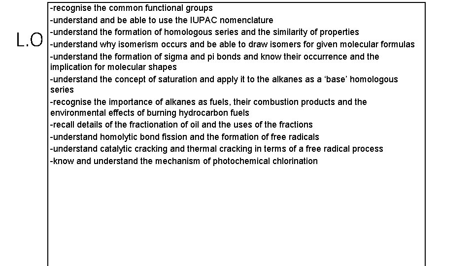 L. O -recognise the common functional groups -understand be able to use the IUPAC