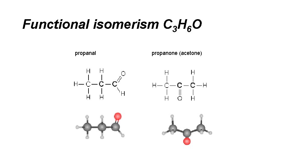 Functional isomerism C 3 H 6 O propanal propanone (acetone) 