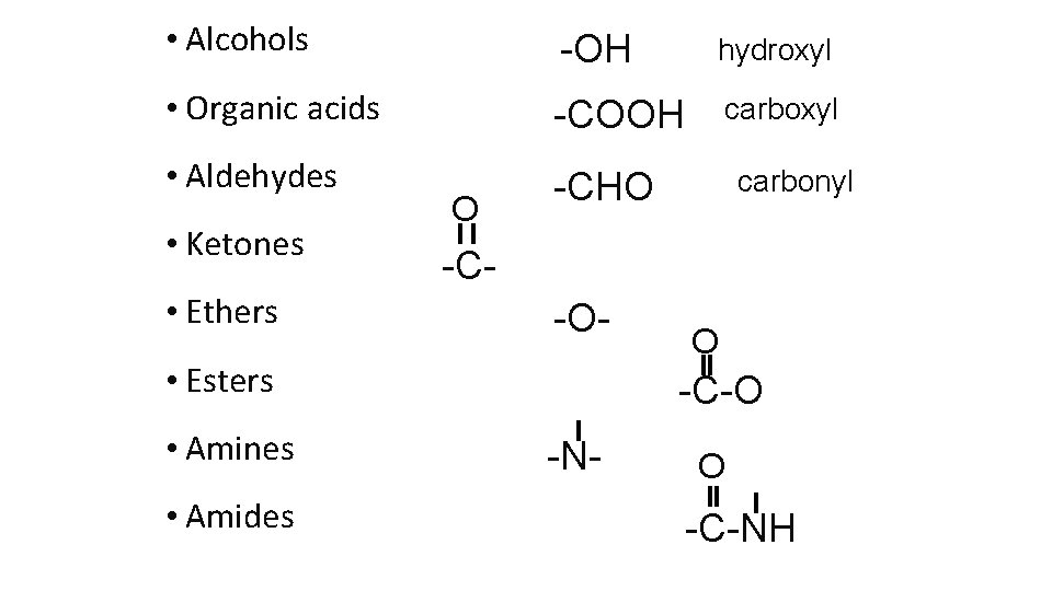  • Alcohols -OH hydroxyl • Organic acids -COOH carboxyl • Aldehydes -CHO •