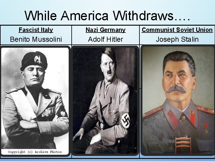 While America Withdraws…. Fascist Italy Nazi Germany Communist Soviet Union Benito Mussolini Adolf Hitler