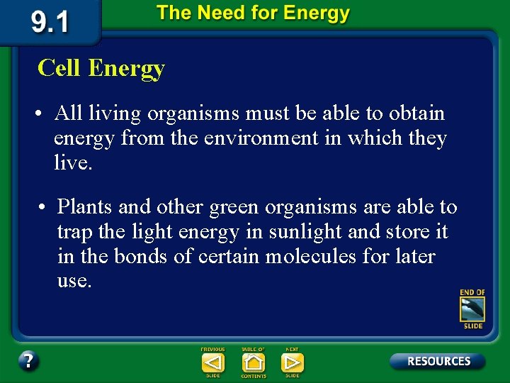 Cell Energy • All living organisms must be able to obtain energy from the