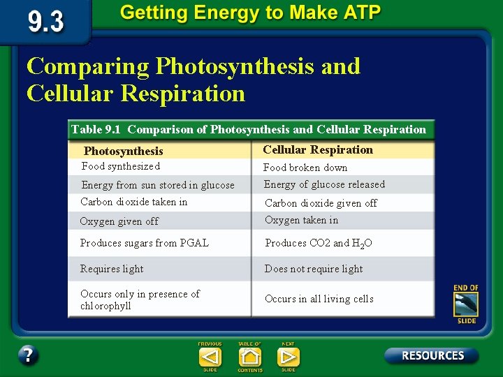 Comparing Photosynthesis and Cellular Respiration Table 9. 1 Comparison of Photosynthesis and Cellular Respiration