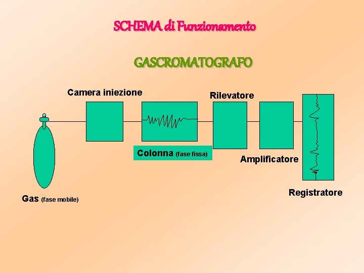 SCHEMA di Funzionamento GASCROMATOGRAFO Camera iniezione Colonna (fase fissa) Gas (fase mobile) Rilevatore Amplificatore