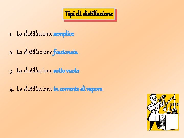 Tipi di distillazione 1. La distillazione semplice 2. La distillazione frazionata 3. La distillazione