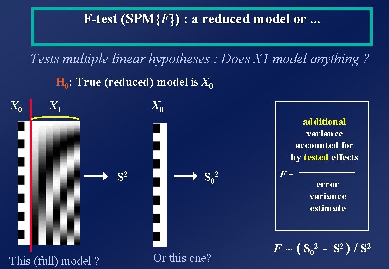 F-test (SPM{F}) : a reduced model or. . . Tests multiple linear hypotheses : F-test (SPM{F}) : a reduced model or. . . Tests multiple linear hypotheses :