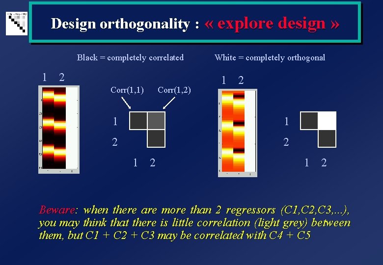 Design orthogonality : « explore design » Black = completely correlated 1 2 Corr(1, Design orthogonality : « explore design » Black = completely correlated 1 2 Corr(1,