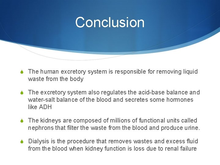 Conclusion S The human excretory system is responsible for removing liquid waste from the