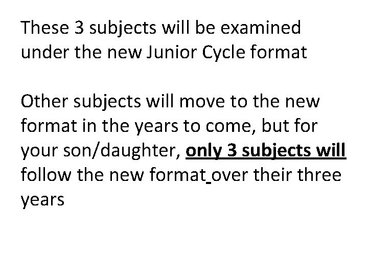 These 3 subjects will be examined under the new Junior Cycle format Other subjects