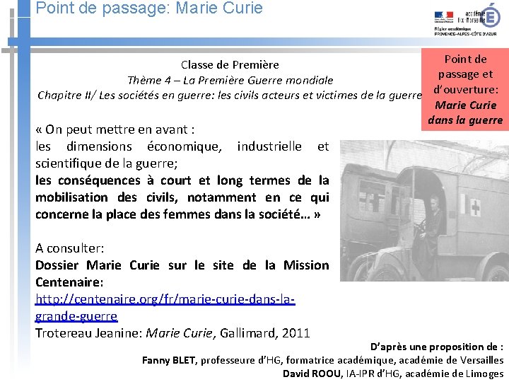 Point de passage: Marie Curie Point de Classe de Première passage et Thème 4