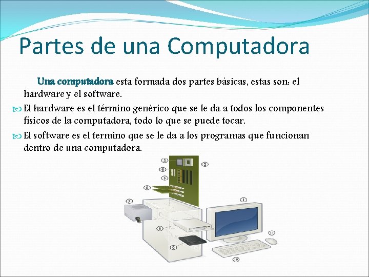 Partes de una Computadora Una computadora esta formada dos partes básicas, estas son: el Partes de una Computadora Una computadora esta formada dos partes básicas, estas son: el
