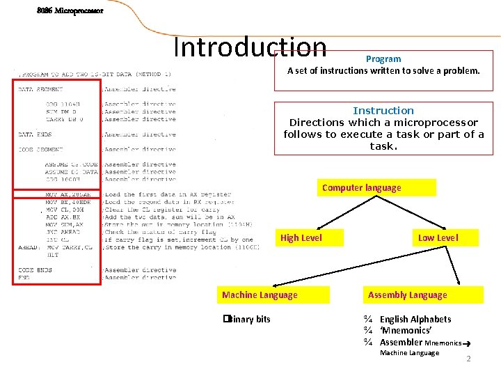 8086 Microprocessor Introduction Program A set of instructions written to solve a problem. Instruction