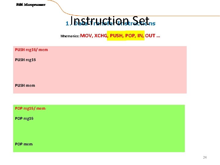 8086 Microprocessor Instruction Set 1. Data Transfer Instructions Mnemonics: MOV, XCHG, PUSH, POP, IN,