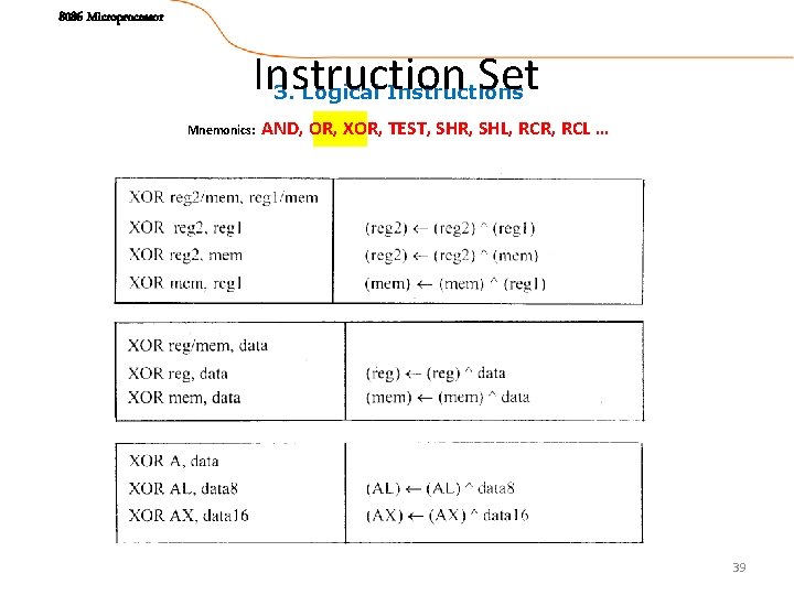 8086 Microprocessor Instruction Set 3. Logical Instructions Mnemonics: AND, OR, XOR, TEST, SHR, SHL,