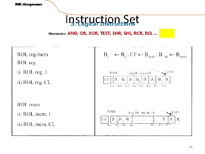 8086 Microprocessor Instruction Set 3. Logical Instructions Mnemonics: AND, OR, XOR, TEST, SHR, SHL,