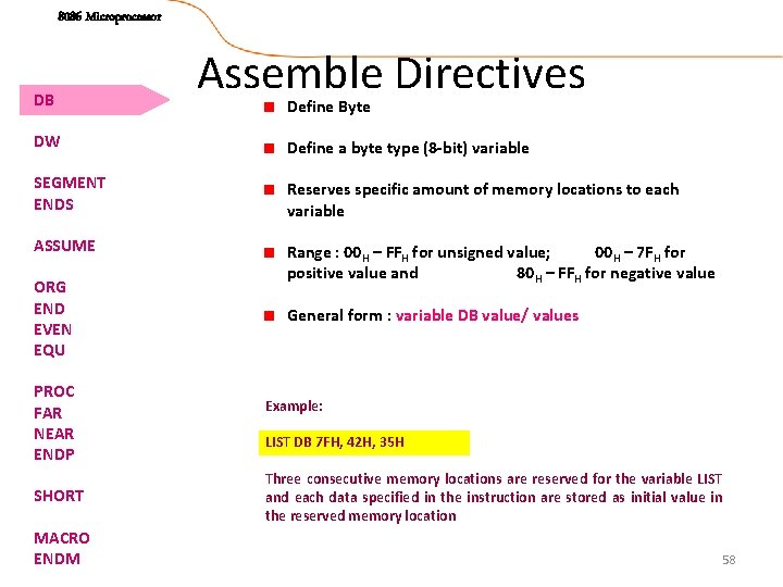 8086 Microprocessor DB Assemble Directives Define Byte DW Define a byte type (8 -bit)