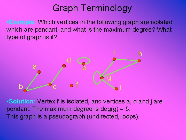 Graph Terminology • Example: Which vertices in the following graph are isolated, which are