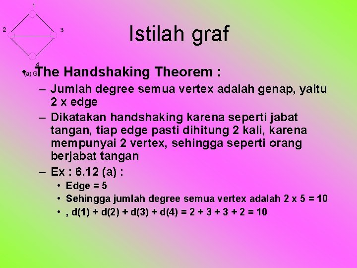 Istilah graf • The Handshaking Theorem : – Jumlah degree semua vertex adalah genap,
