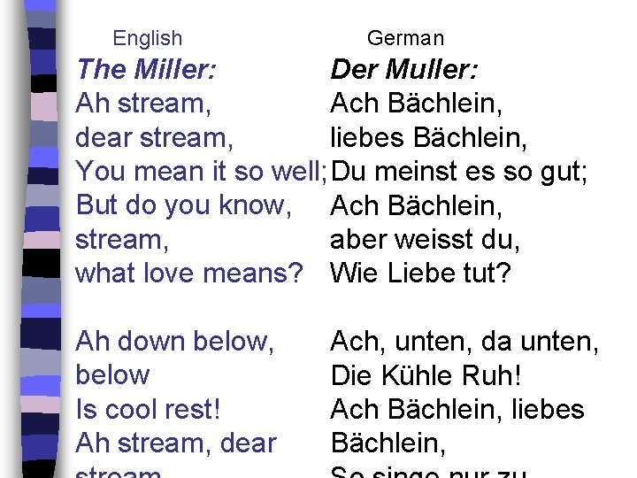 English German The Miller: Der Muller: Ah stream, Ach Bächlein, dear stream, liebes Bächlein,