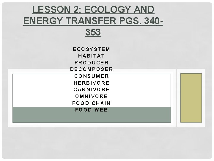 LESSON 2: ECOLOGY AND ENERGY TRANSFER PGS. 340353 ECOSYSTEM HABITAT PRODUCER DECOMPOSER CONSUMER HERBIVORE
