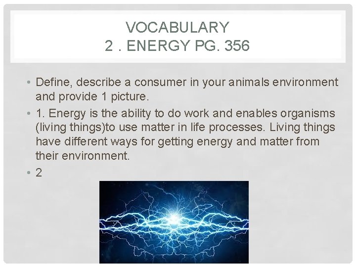 VOCABULARY 2. ENERGY PG. 356 • Define, describe a consumer in your animals environment