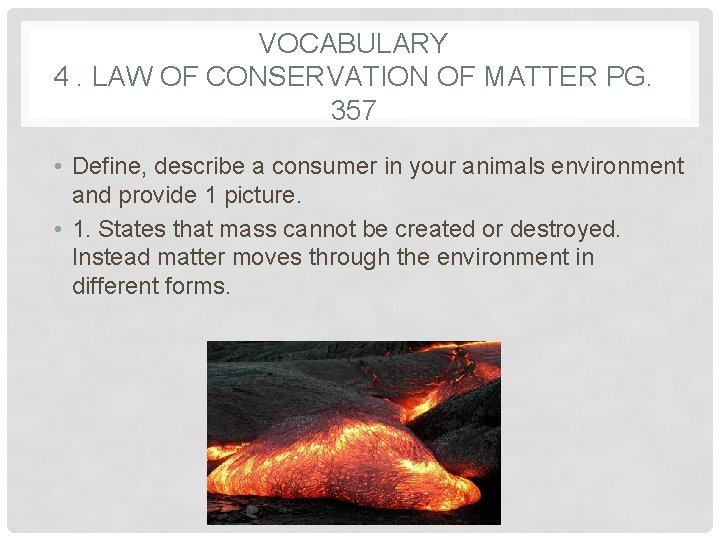 VOCABULARY 4. LAW OF CONSERVATION OF MATTER PG. 357 • Define, describe a consumer