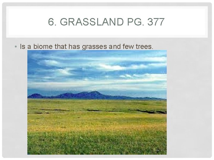 6. GRASSLAND PG. 377 • Is a biome that has grasses and few trees.