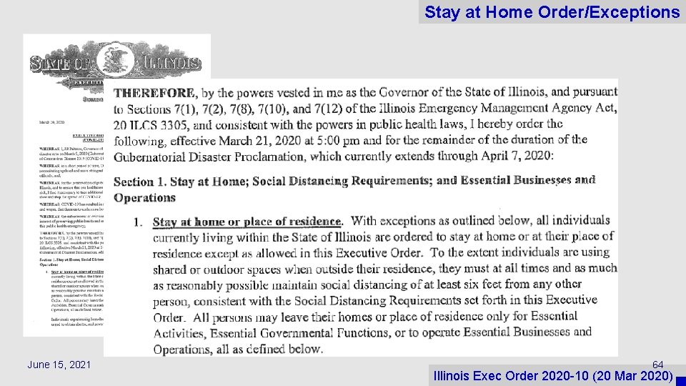 Stay at Home Order/Exceptions June 15, 2021 64 Illinois Exec Order 2020 -10 (20