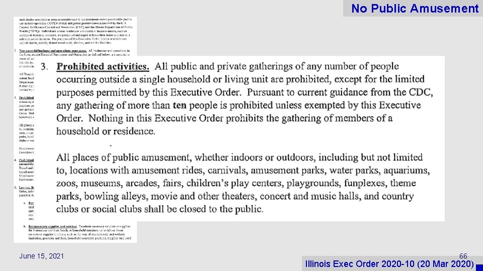 No Public Amusement June 15, 2021 66 Illinois Exec Order 2020 -10 (20 Mar