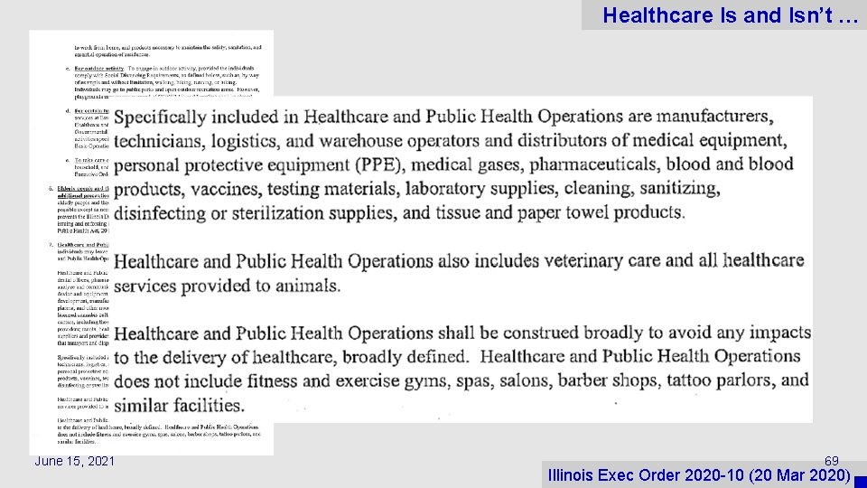 Healthcare Is and Isn’t … June 15, 2021 69 Illinois Exec Order 2020 -10