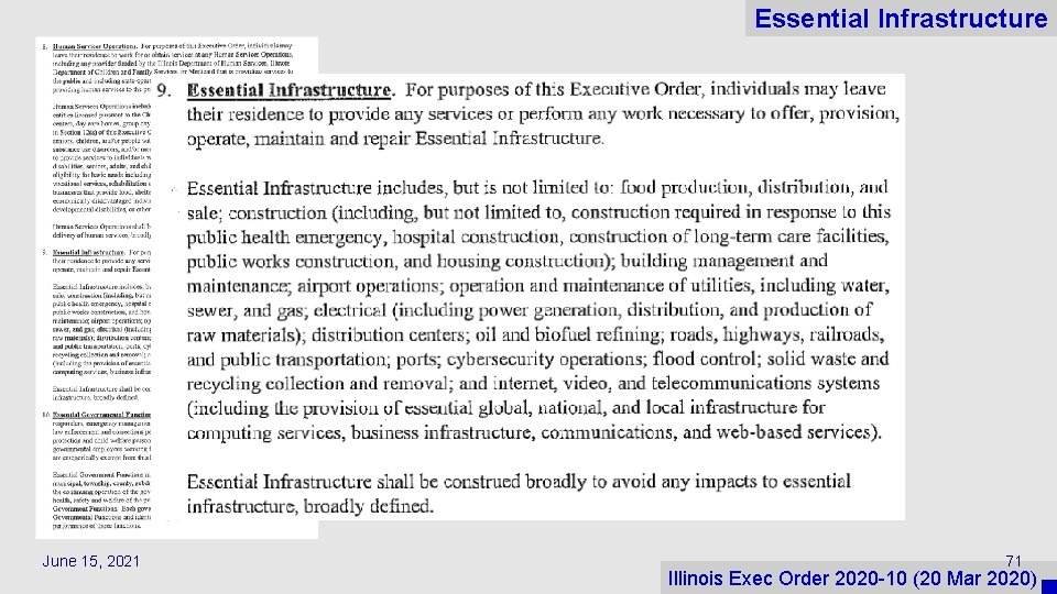 Essential Infrastructure June 15, 2021 71 Illinois Exec Order 2020 -10 (20 Mar 2020)
