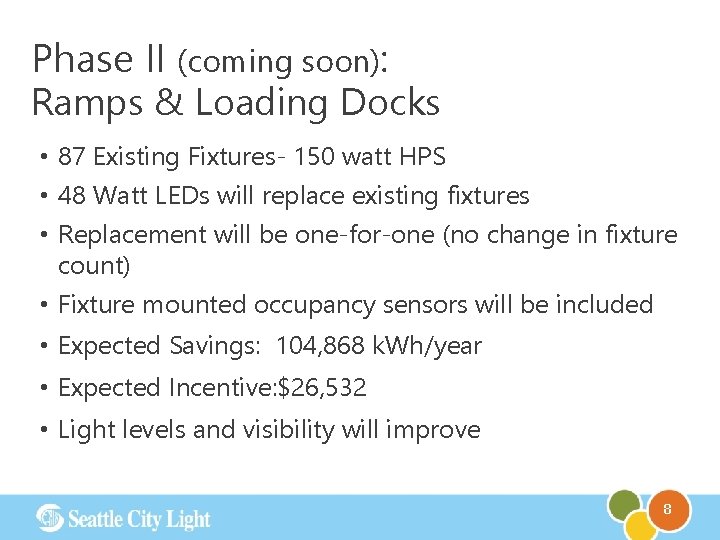 Phase II (coming soon): Ramps & Loading Docks • 87 Existing Fixtures- 150 watt
