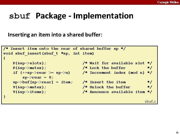 Carnegie Mellon sbuf Package - Implementation Inserting an item into a shared buffer: /*