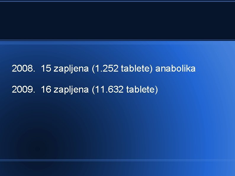 2008. 15 zapljena (1. 252 tablete) anabolika 2009. 16 zapljena (11. 632 tablete) 